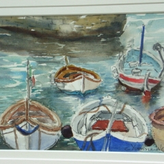 yvonne west Camogli Fishing Boats watercolour 10x7in matted and framed