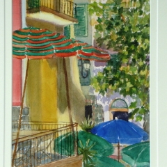 yvonne west corniglia lunch umbrellas Watercolour 14 in x10in